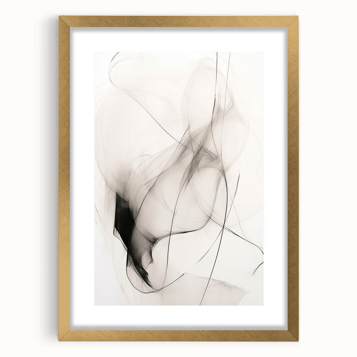 Abstract minimalist design wall art collection featuring a gold-framed piece with a mat, showcasing elegant geometric shapes and neutral tones, ideal for modern decor.