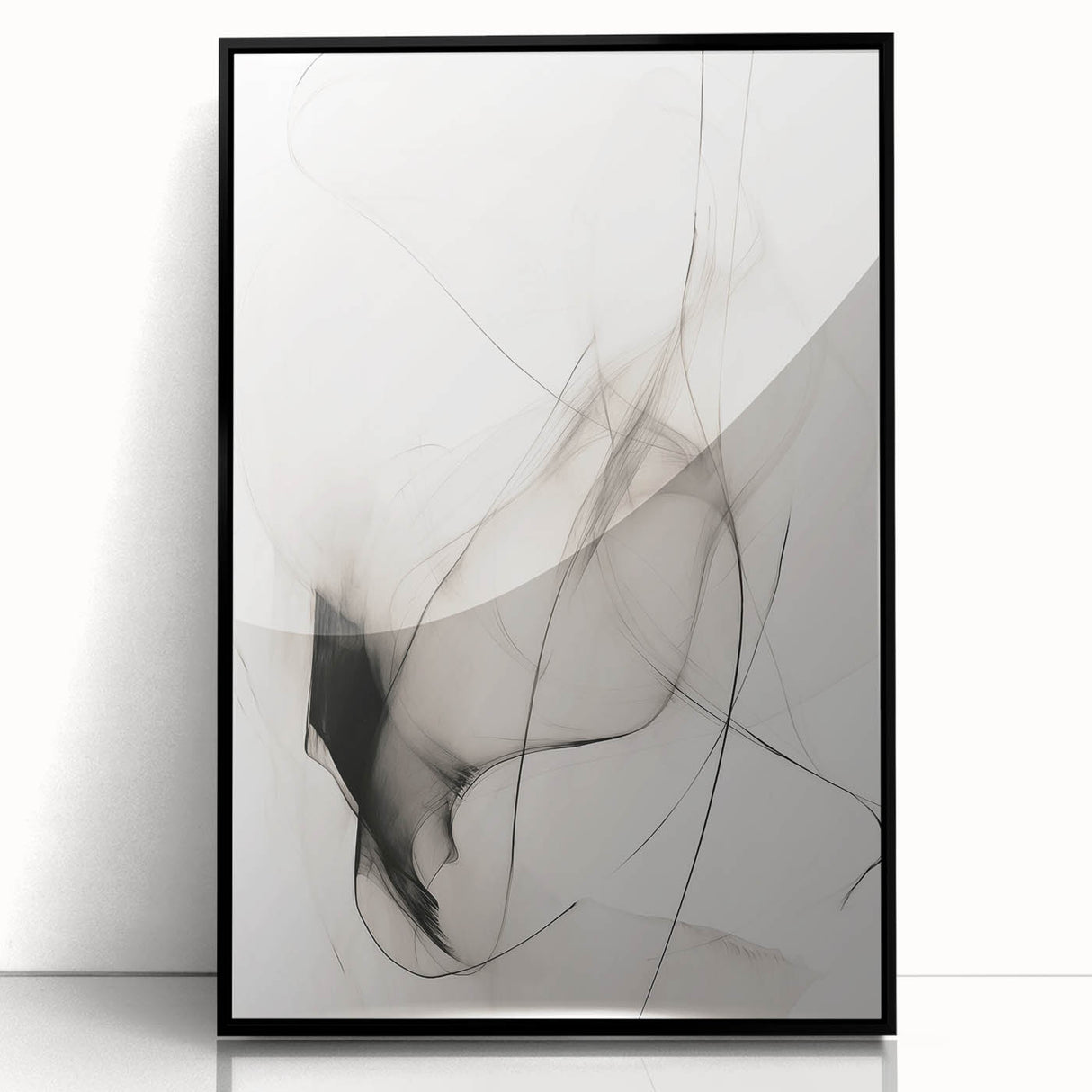 Framed abstract minimalist wall art collection featuring a sleek black design, showcasing geometric shapes and clean lines, perfect for modern decor.