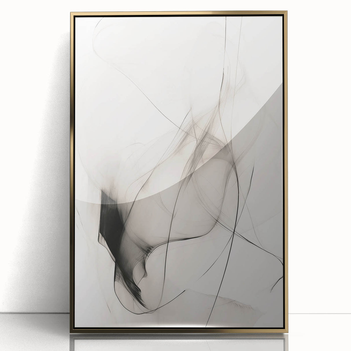 Framed acrylic wall art featuring a gold abstract minimalist design, showcasing elegant lines and shapes, perfect for modern home decor.