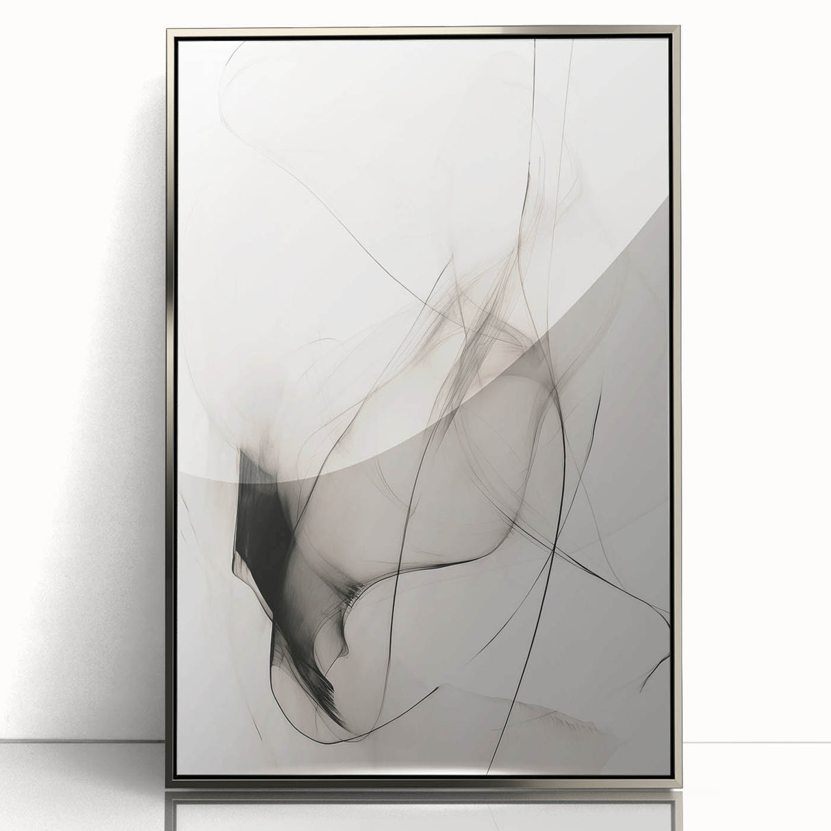 Framed acrylic wall art showcasing a minimalist abstract design in silver tones, perfect for modern home decor. Ideal for enhancing interior aesthetics.