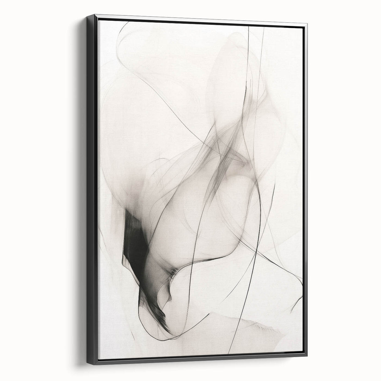 Framed canvas wall art showcasing an abstract minimalist design in black, viewed from the side, ideal for contemporary decor and stylish interiors. This elegant piece adds a modern touch to any room, enhancing aesthetic appeal with its sleek lines and bold contrast.