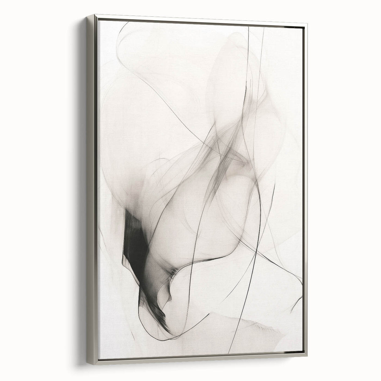 Framed minimalist abstract wall art collection featuring elegant silver tones and a sleek design, showcased from a side view to highlight its modern aesthetic.