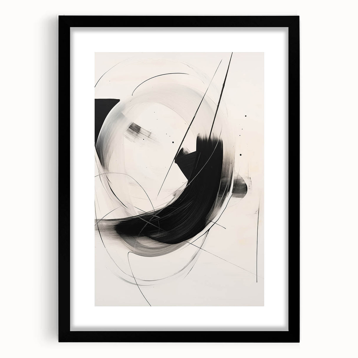 Abstract minimalist wall art framed in black, showcasing a geometric design with muted colors, perfect for modern decor. Adds elegance to any living space.