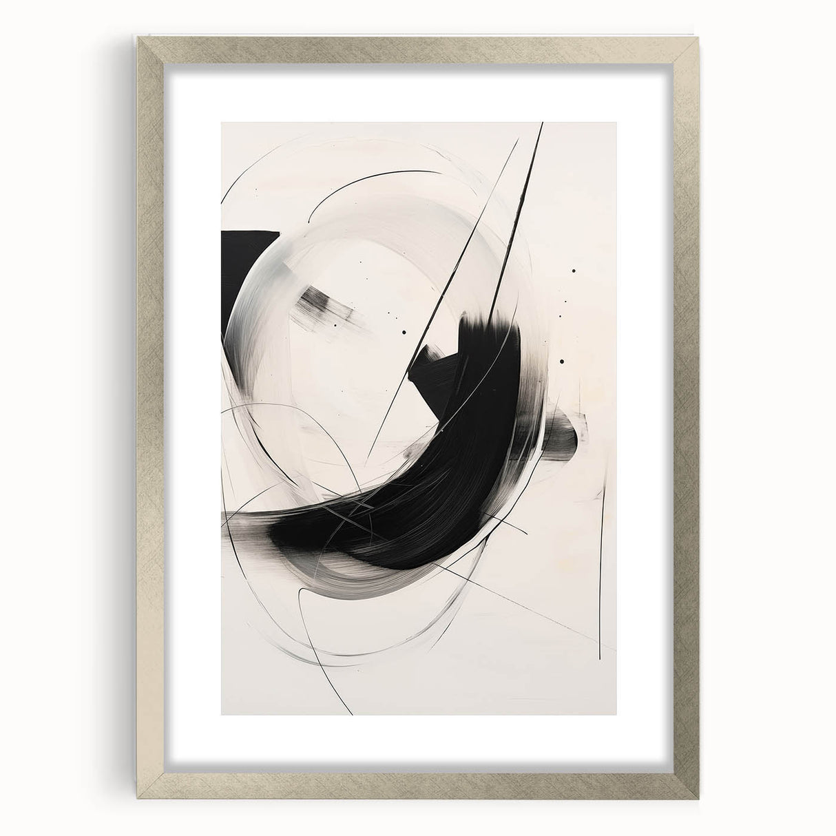 Abstract minimalist wall art collection in a sleek silver frame with matting, showcasing a modern design suitable for home decor, emphasizing elegance and simplicity.