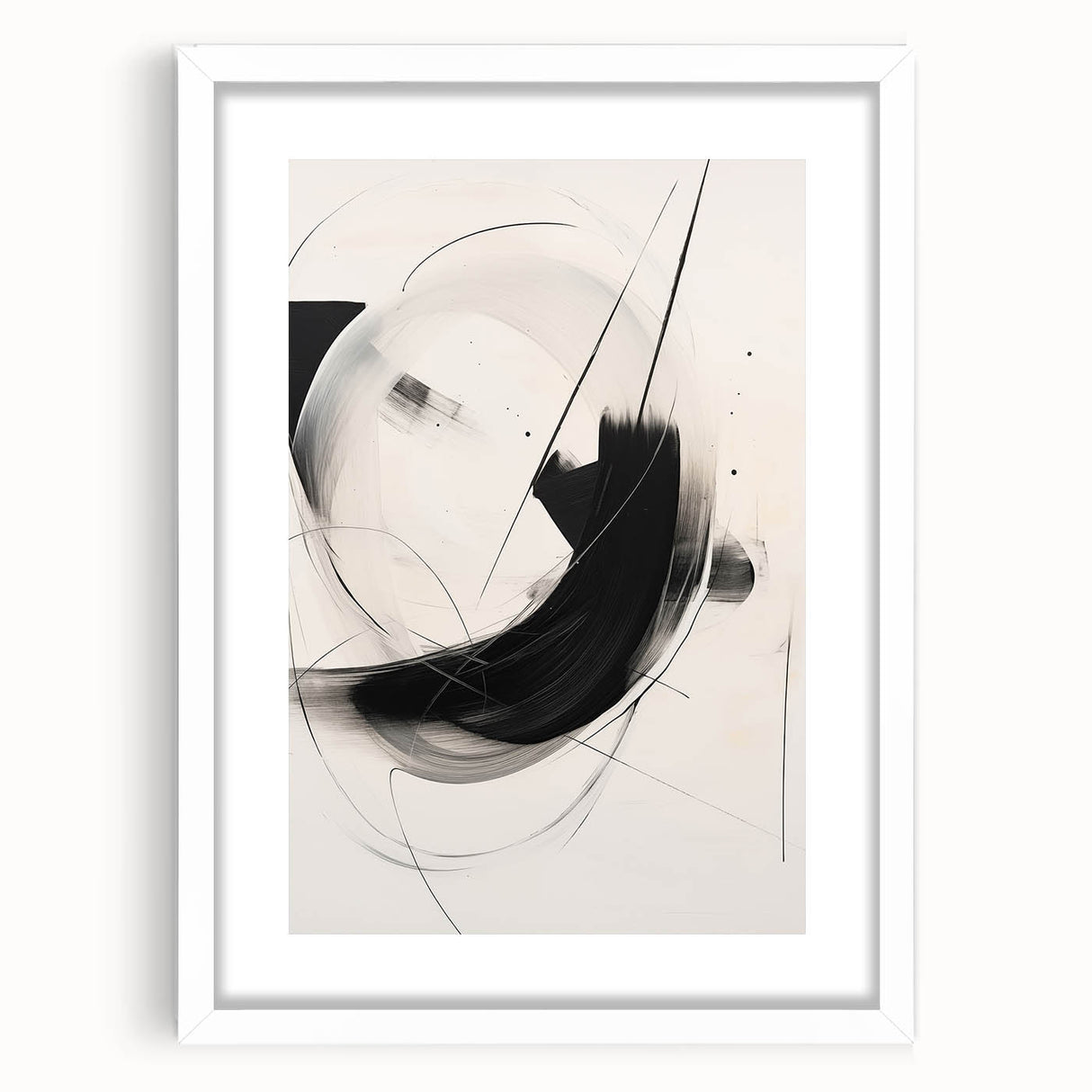 Abstract minimalist wall art design featuring a framed piece with a white mat, showcasing geometric shapes and soft color tones, ideal for modern home decor.