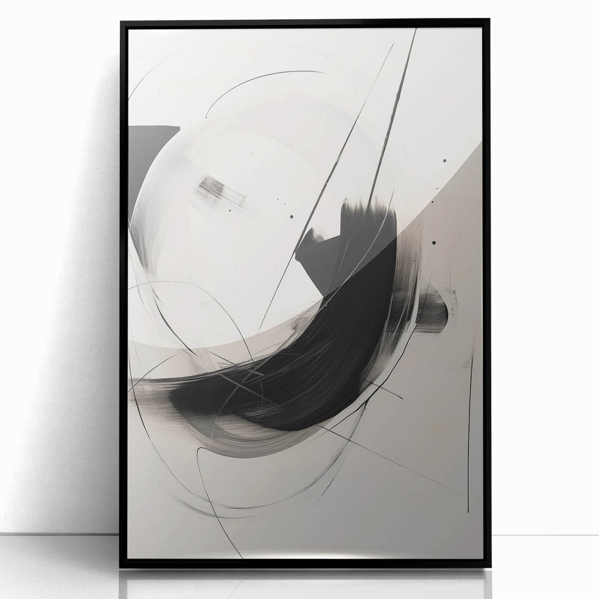 Framed abstract minimalist wall art design in black and white, showcasing geometric shapes and lines, perfect for modern home decor.