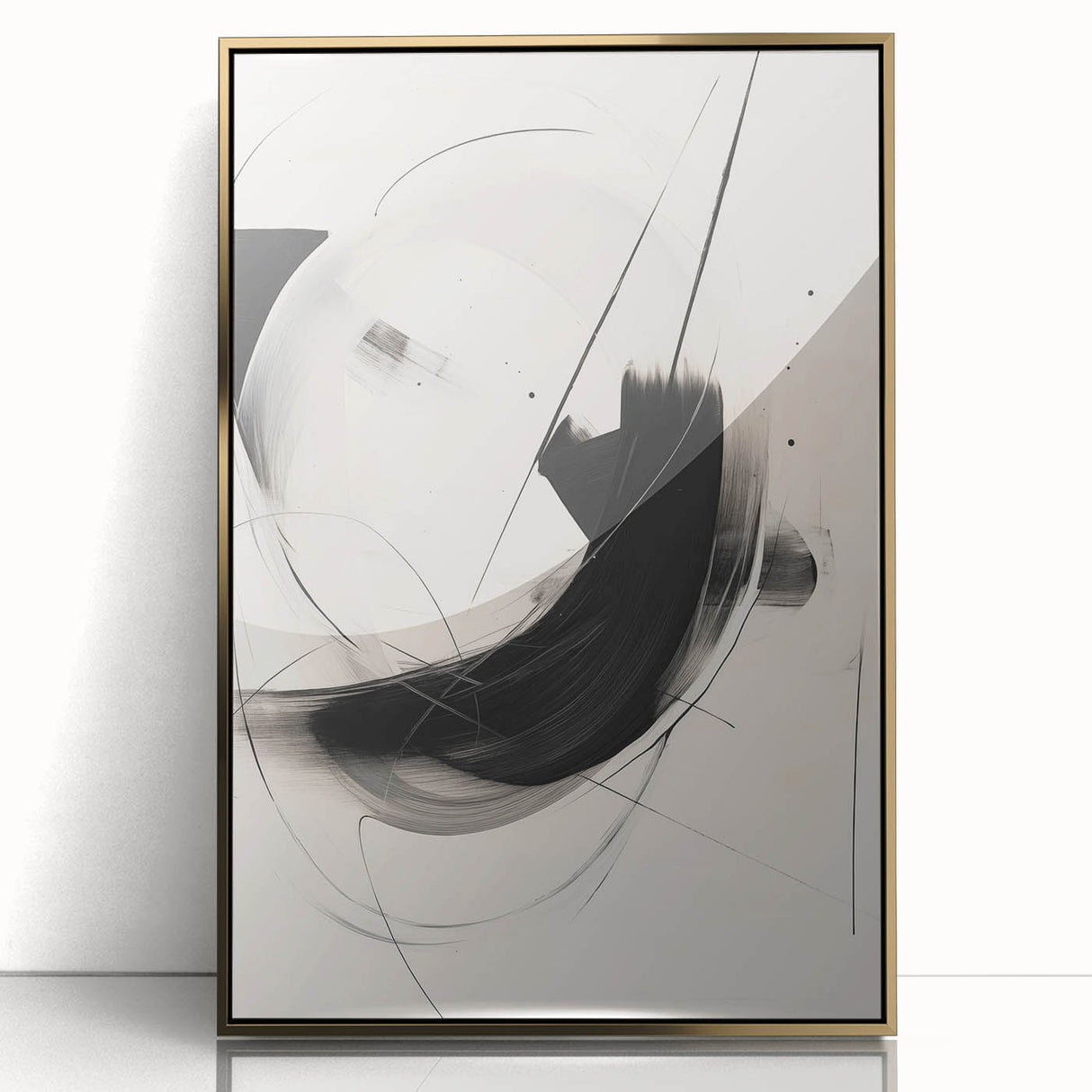 Framed abstract minimalist wall art featuring a gold-acrylic design on a sleek black background, ideal for modern home decor and enhancing interior aesthetics.