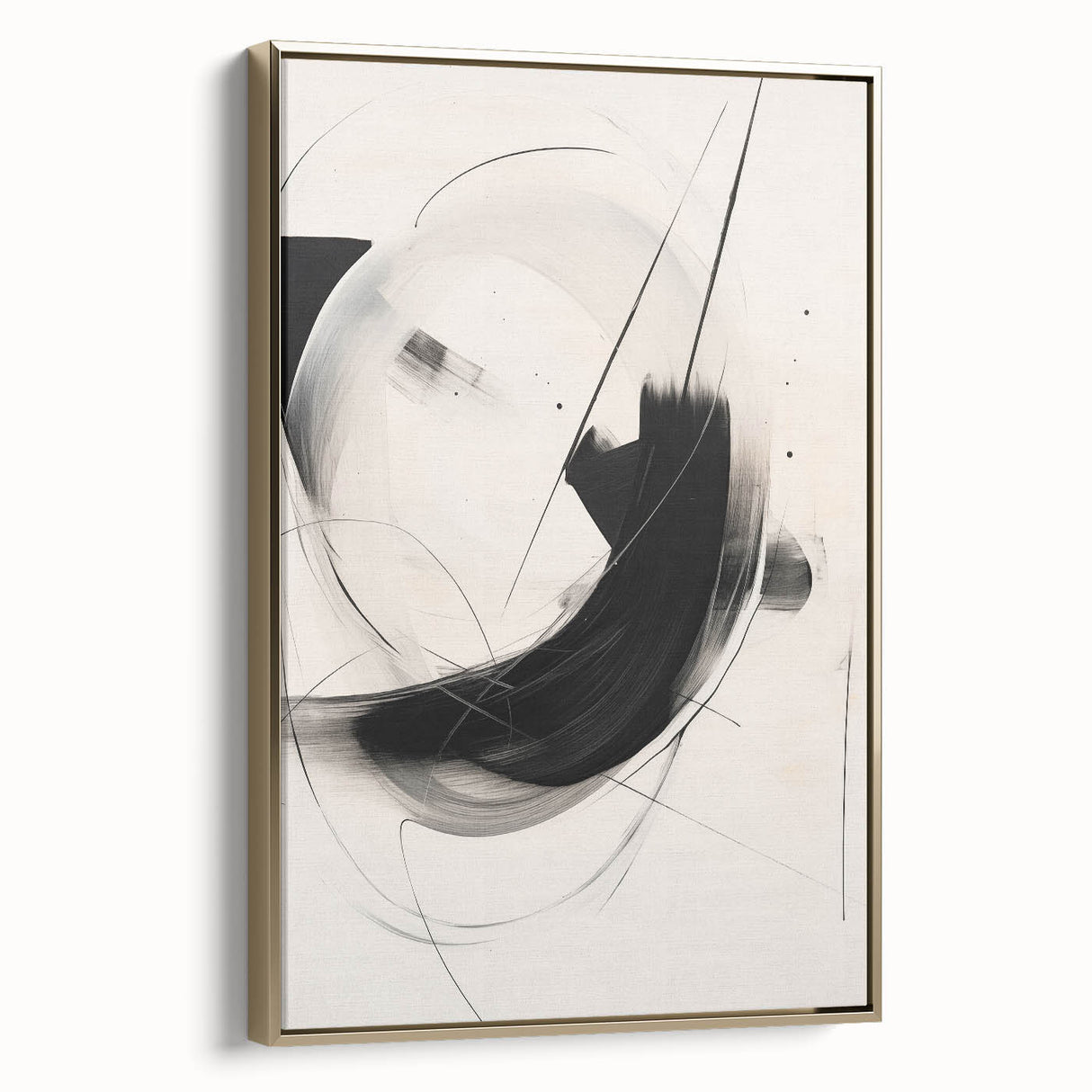 Framed canvas wall art showcasing an abstract minimalist design with gold accents, displayed from a side view to highlight its sleek profile and modern aesthetic. This piece adds a touch of elegance and contemporary style to any interior decor.