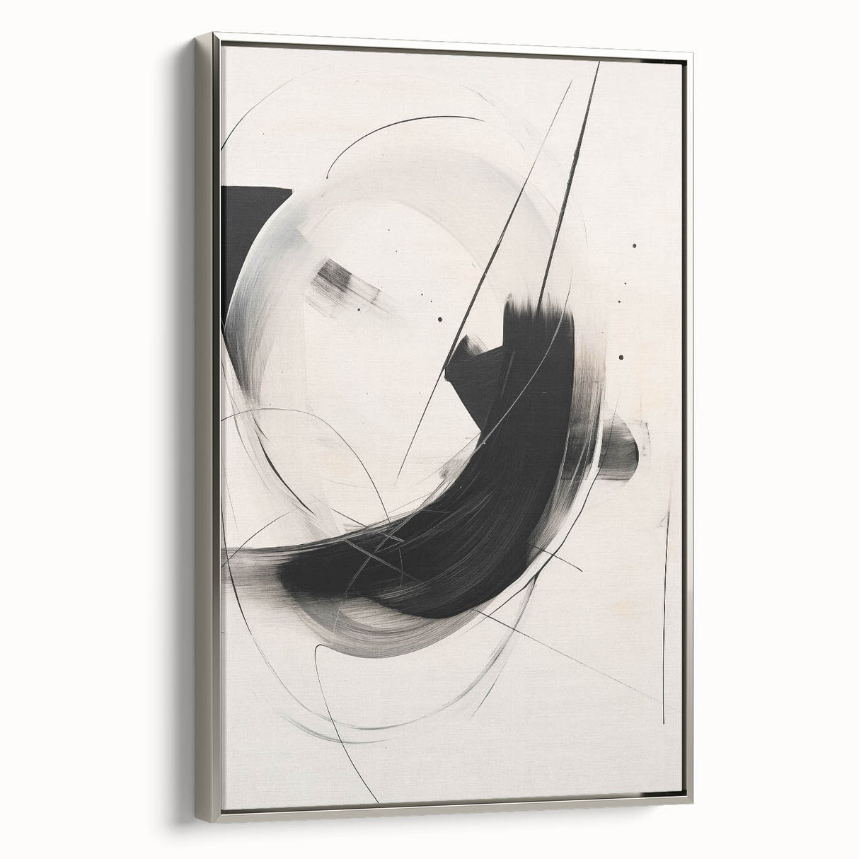Framed abstract minimalist wall art in a silver frame, showcasing a contemporary design with neutral tones, ideal for modern home decor. Side view highlights elegant aesthetics.