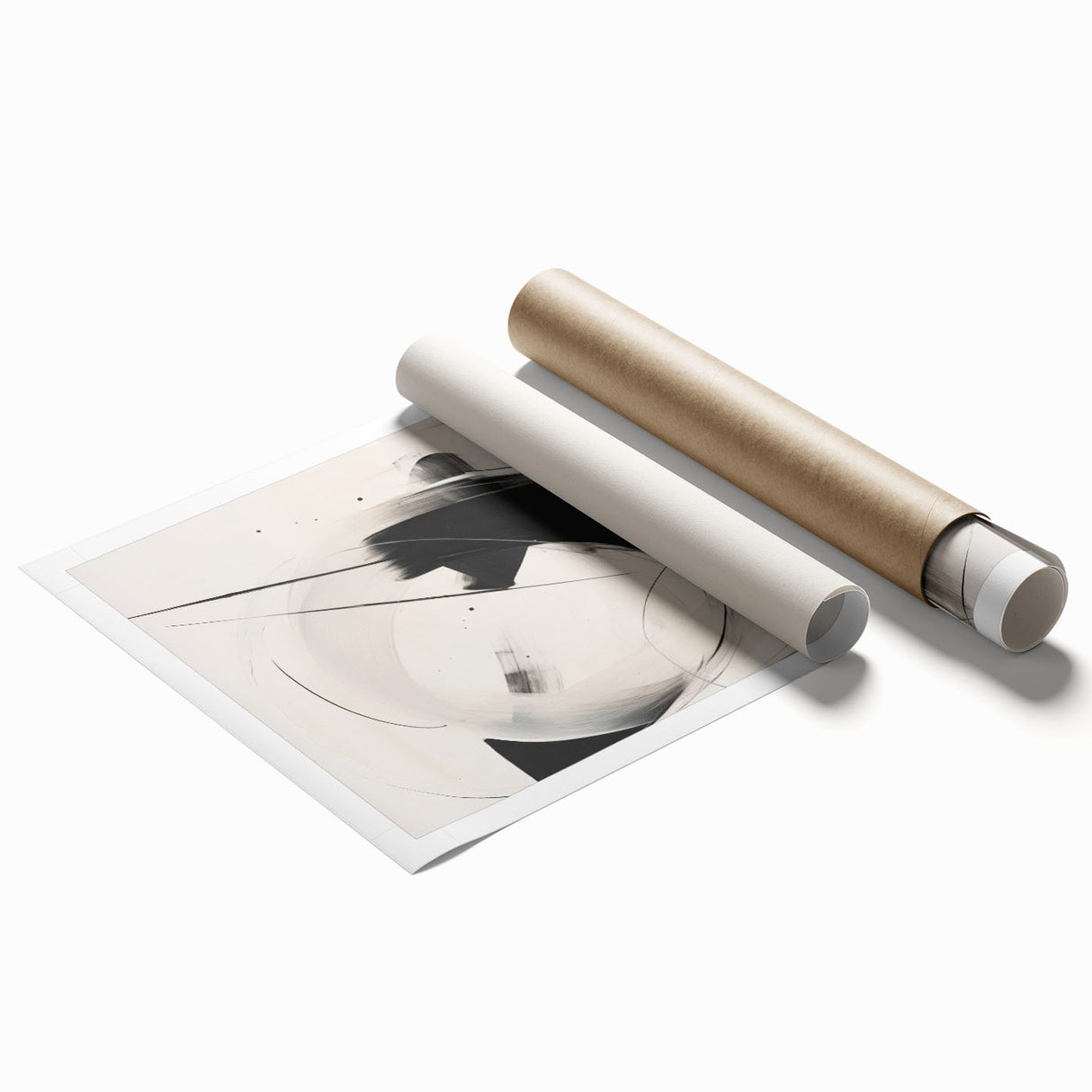 Abstract minimalist wall art print featuring soft pastel colors and geometric shapes, rolled for shipping in a protective cardboard tube, ideal for modern decor.