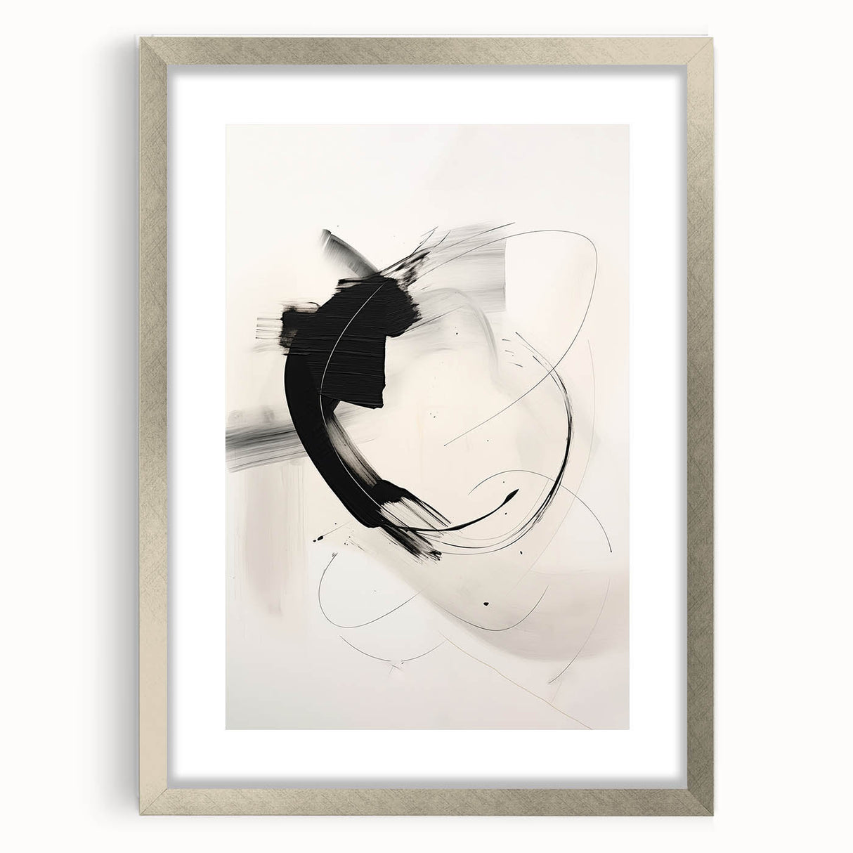 Abstract minimalist design wall art collection featuring a silver frame with a mat, showcasing a modern aesthetic suitable for contemporary decor. The piece highlights soft tones and geometric shapes, perfect for enhancing living spaces or office environments.