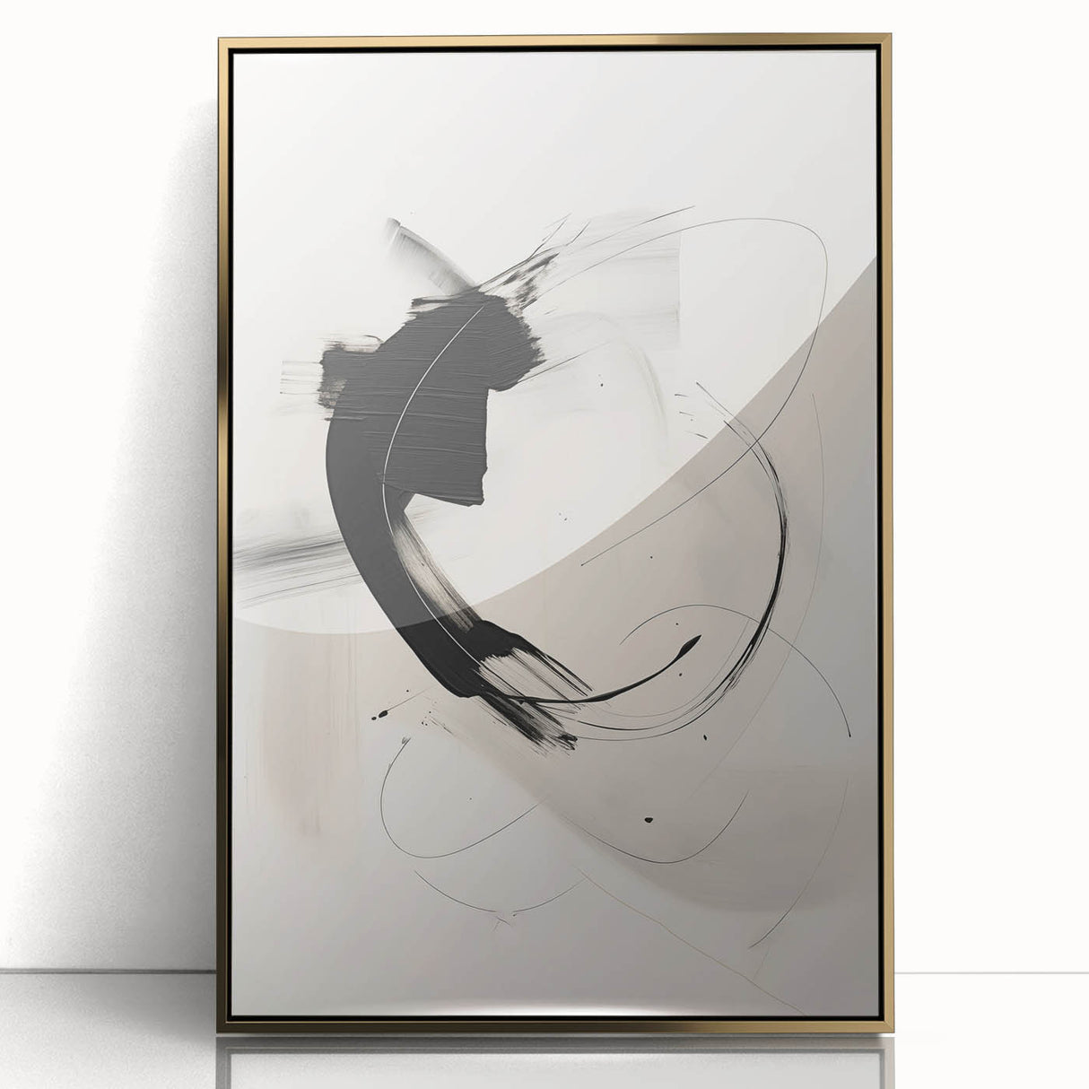 Framed minimalist wall art featuring an abstract design with gold accents, displayed against a white background, ideal for modern home decor and aesthetic appeal.