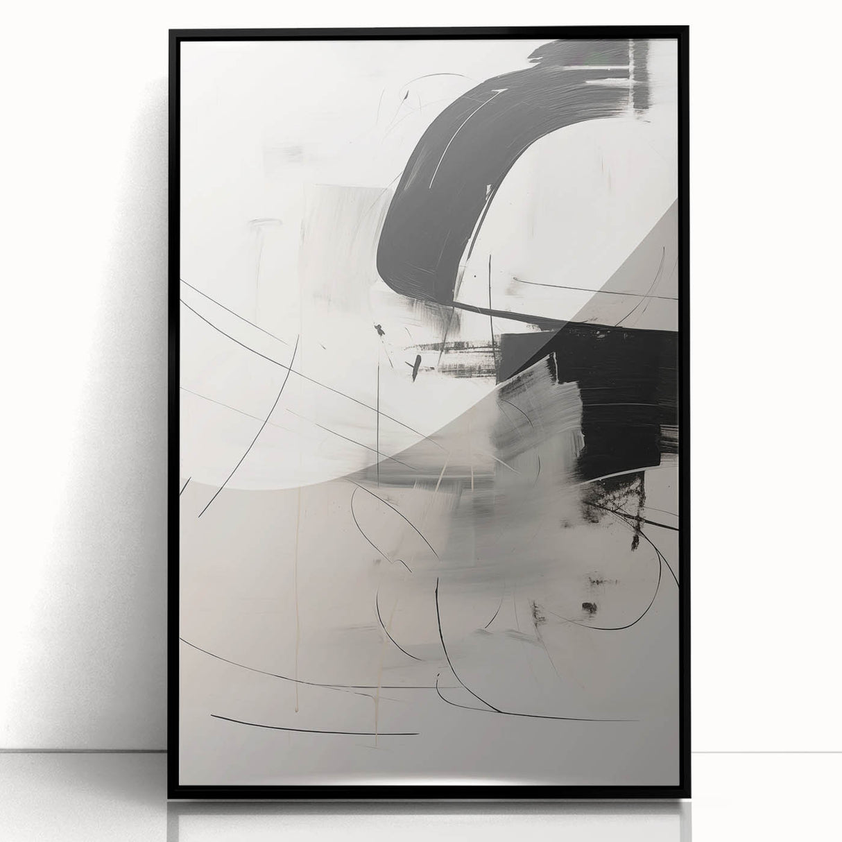 Framed abstract minimalist wall art featuring a black design against a white background, perfect for modern home decor, enhancing any living space with elegance.