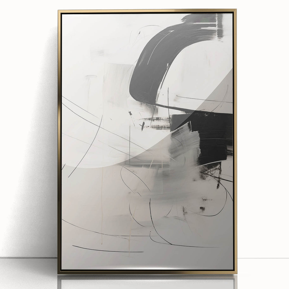 Framed abstract minimalist wall art featuring a gold-acrylic design, showcasing contemporary elegance in a sleek front view, perfect for modern home decor.