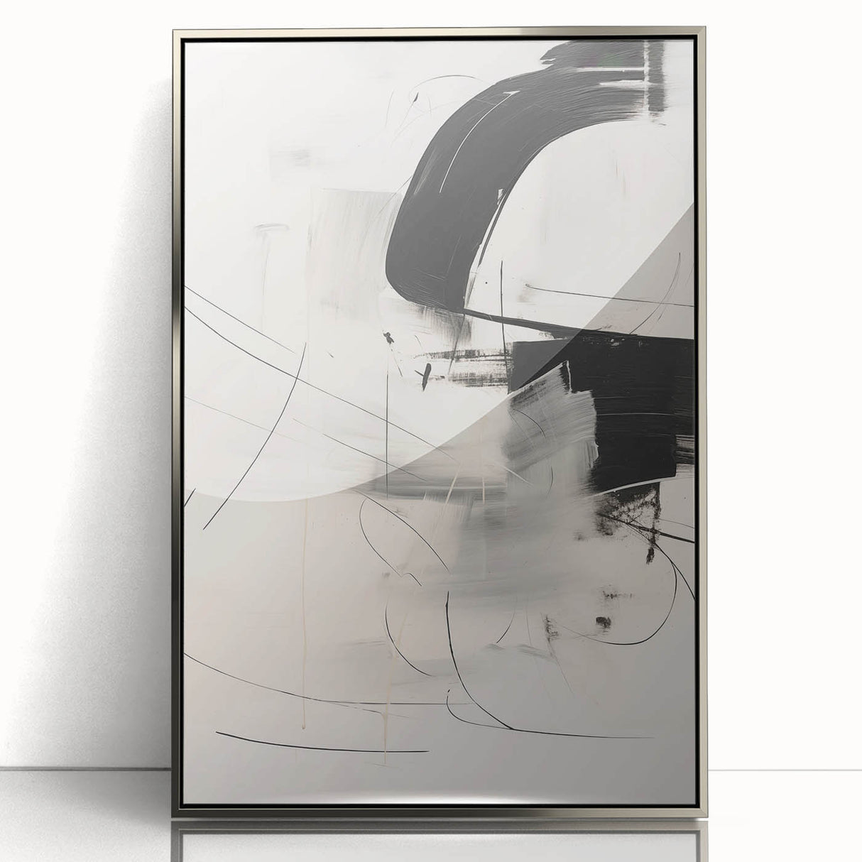 Framed abstract minimalist wall art design featuring a sleek silver frame, showcasing geometric shapes in muted tones, perfect for modern home decor.