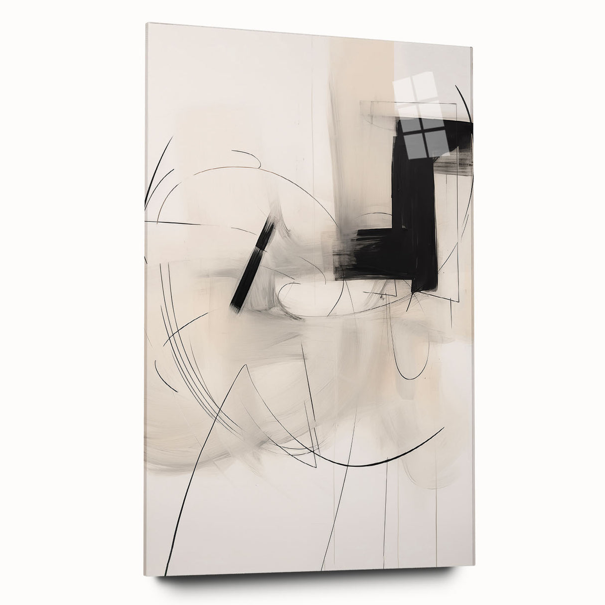Abstract minimalist wall art collection displayed in a side view, showcasing an acrylic glass frame. The artwork features soft, muted colors and geometric shapes, perfect for modern interior decor.