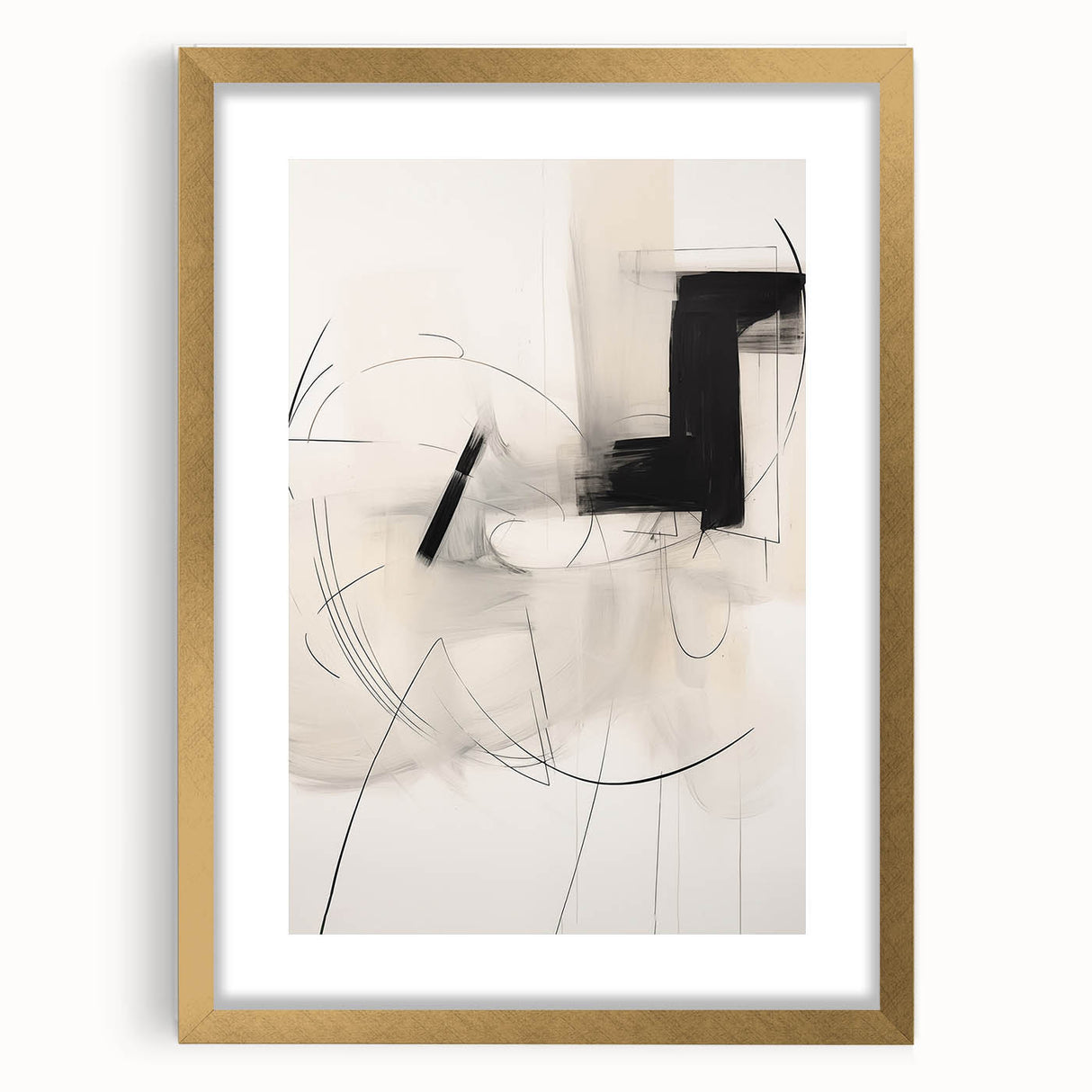 Abstract minimalist wall art framed in gold, showcasing a contemporary design. The piece features soft colors and sharp lines, ideal for modern decor.