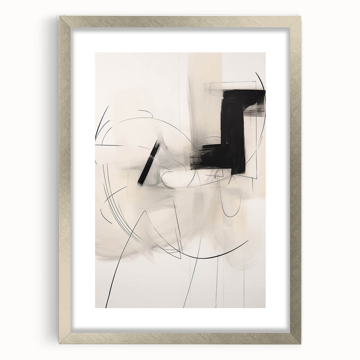 Abstract minimalist wall art collection in a sleek silver frame with a mat, showcasing a modern design that enhances any interior decor. Ideal for contemporary spaces.