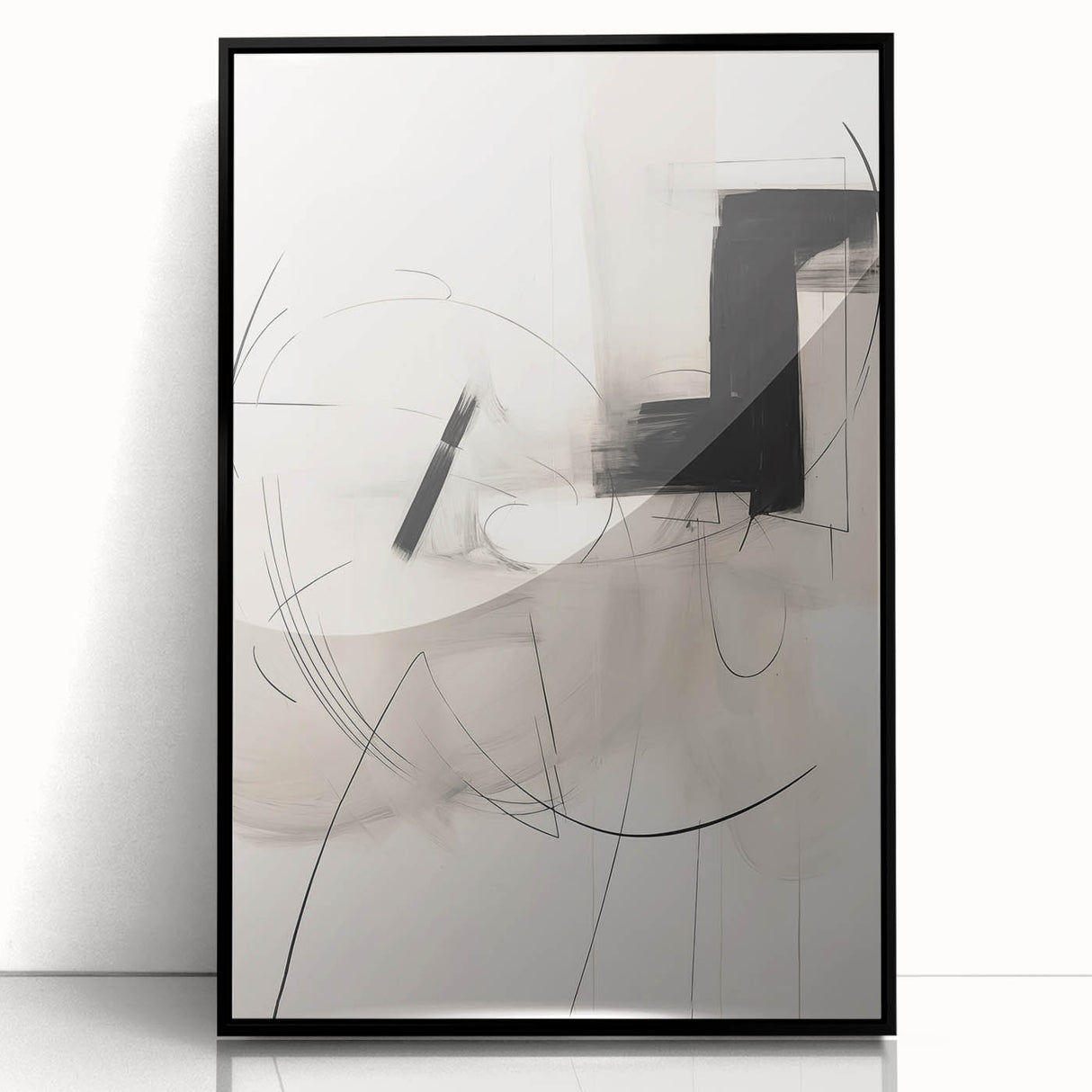 Framed abstract minimalist wall art design in black acrylic, showcasing geometric patterns against a clean background, perfect for modern décor and artistic expression.