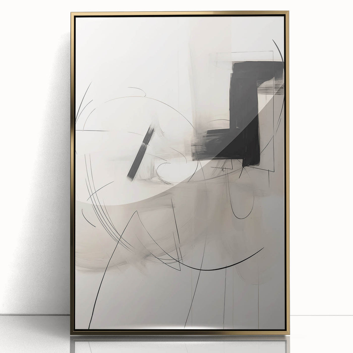 Framed abstract minimalist wall art design showcasing elegant gold accents and a sleek acrylic finish, perfect for modern home decor. The piece adds a touch of sophistication to any interior setting.