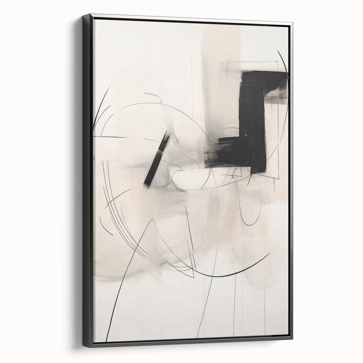 Framed abstract minimalist wall art featuring a sleek black design, showcased from a side view, ideal for modern decor and aesthetic enhancement in any room.