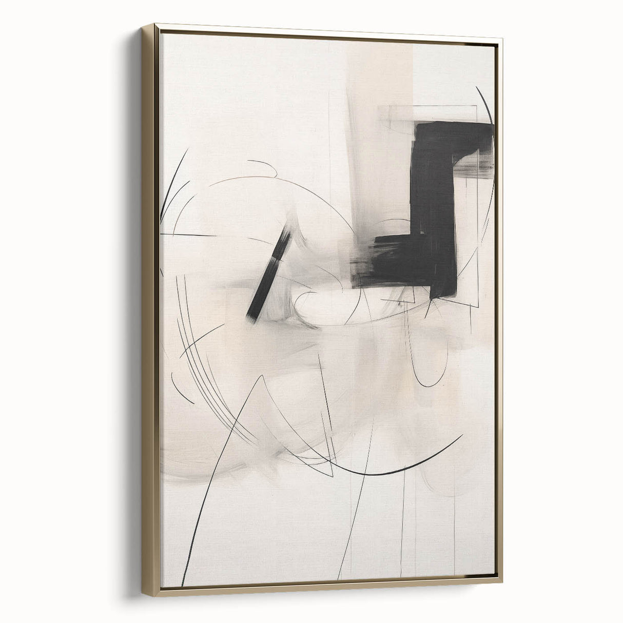Framed wall art featuring an abstract minimalist design with gold tones and a sleek side view, perfect for modern home decor and artistic accents.