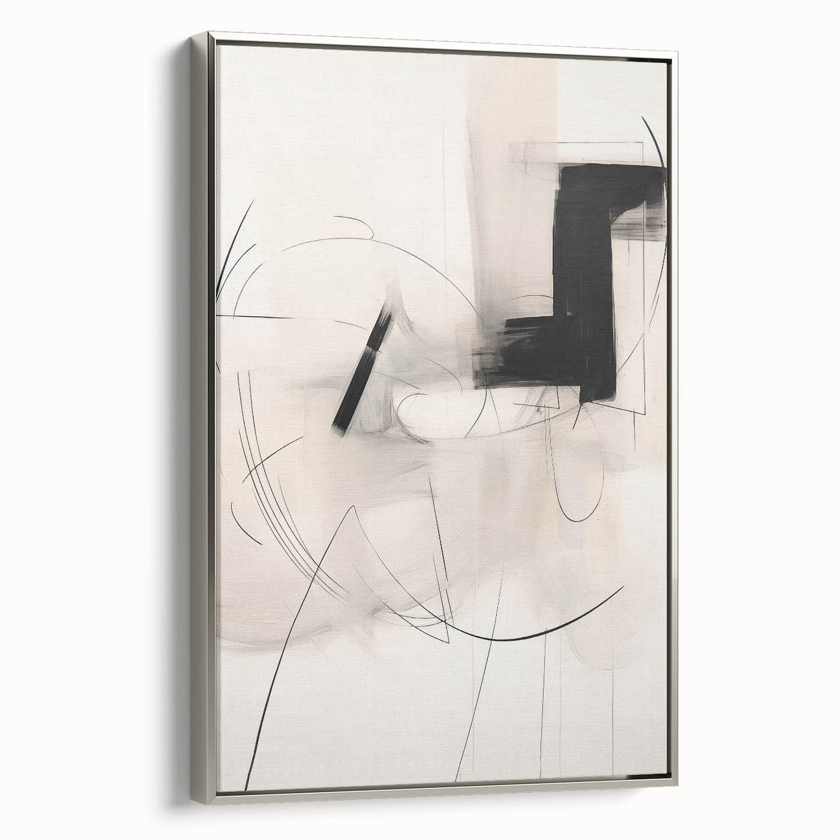 Framed abstract minimalist wall art design showcasing a silver side view with clean lines and soft color palette, ideal for modern decor.