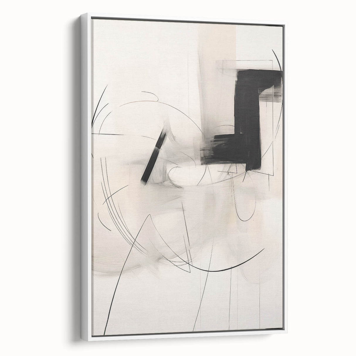 Abstract minimalist framed canvas wall art featuring a sleek white design, displayed in a side view to highlight its modern aesthetic and clean lines. Ideal for contemporary home decor, this piece adds elegance and tranquility to any space.