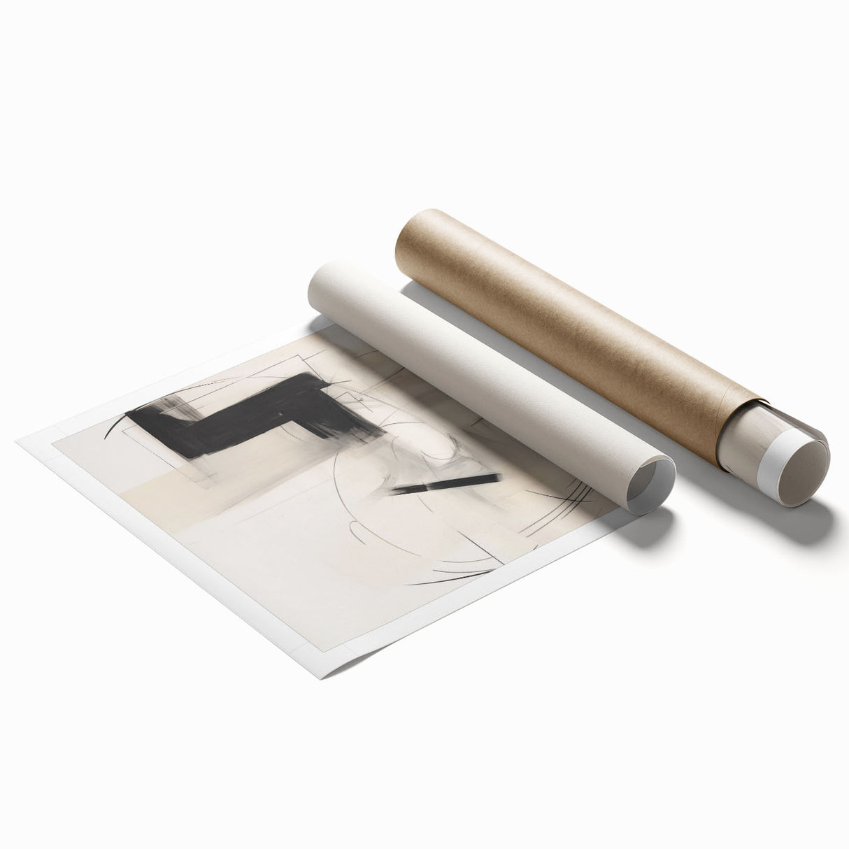 Abstract minimalist wall art print showcasing soft pastel colors and geometric shapes, rolled for easy shipping and display, perfect for modern home decor.