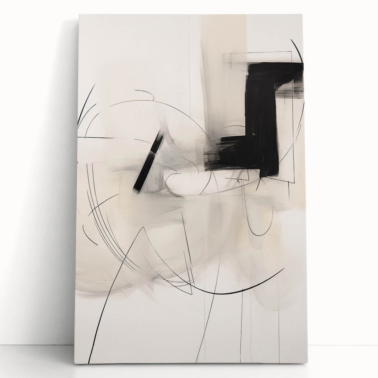 Abstract minimalist wall art design showcasing a serene color palette with soft pastel tones, displayed on a stretched canvas leaning against a neutral wall, perfect for modern decor.