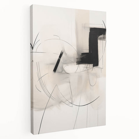 Stretched canvas wall art showcasing an abstract minimalist design with soft pastel colors, viewed from the side, highlighting its sleek edges and modern aesthetic.