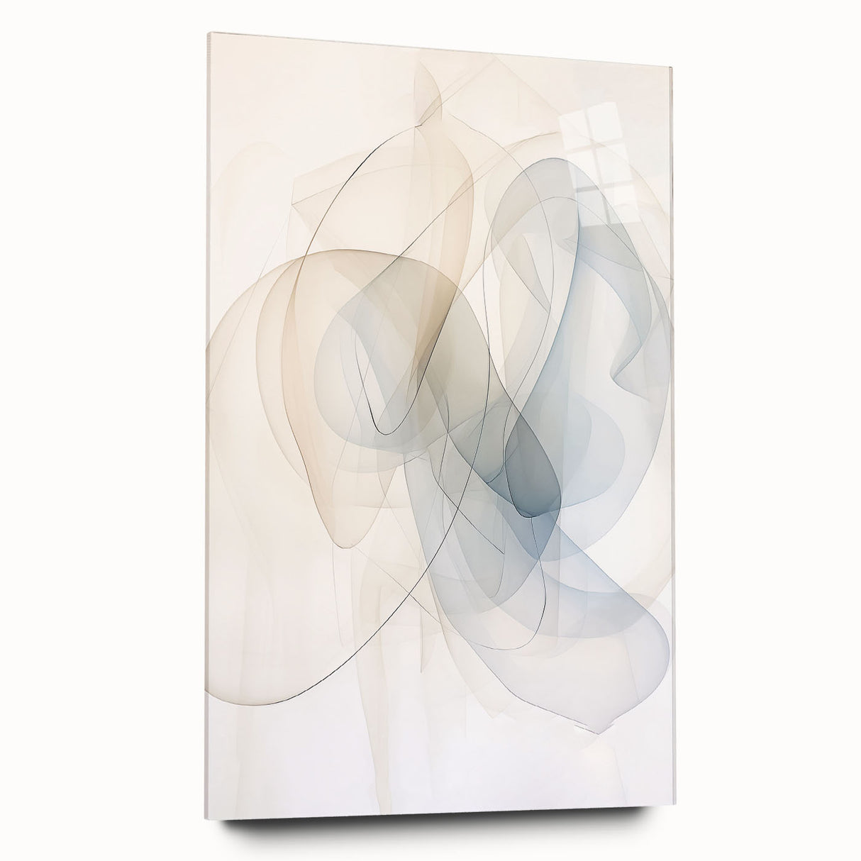 Acrylic glass wall art collection showcasing an abstract minimalist design in vibrant colors, displayed from a side view, emphasizing its sleek finish and modern aesthetic. Ideal for contemporary home decor and artistic spaces.