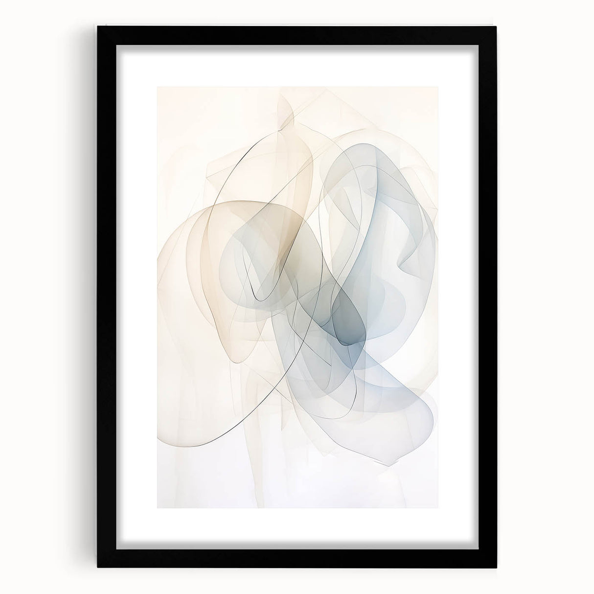 Framed abstract minimalist wall art design showcasing geometric shapes in muted colors, presented in a sleek black frame with a white mat for added elegance. This modern decor piece enhances contemporary interiors, perfect for living spaces or office environments.