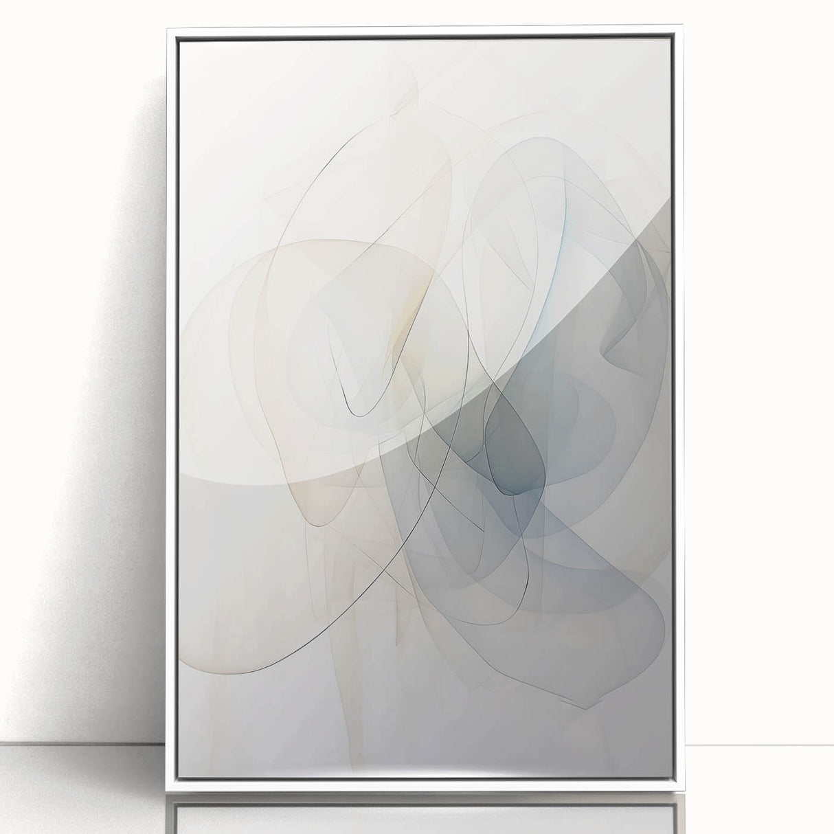 Framed minimalist wall art featuring an abstract design with soft colors, displayed in a sleek white frame, perfect for modern home décor.