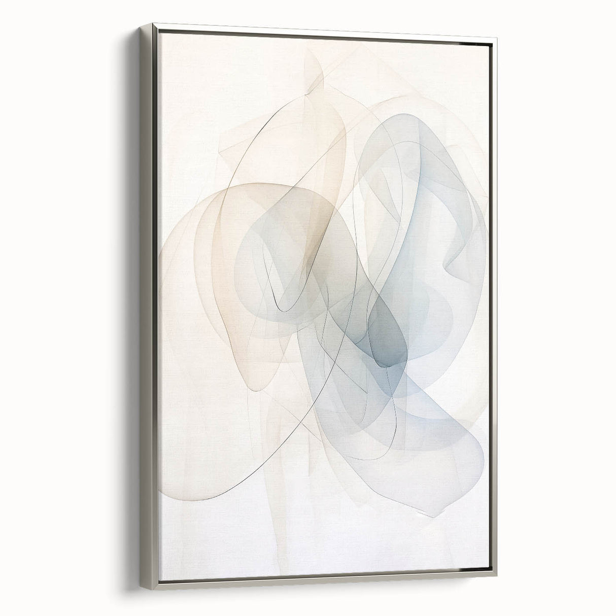 Framed canvas wall art showcasing an abstract minimalist design in silver tones, highlighting elegant geometric shapes and textures, perfect for modern decor.