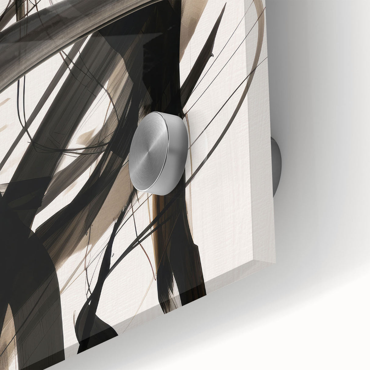 Close-up of an abstract modern wall art piece featuring vibrant colors and geometric shapes on acrylic glass, perfect for contemporary decor.