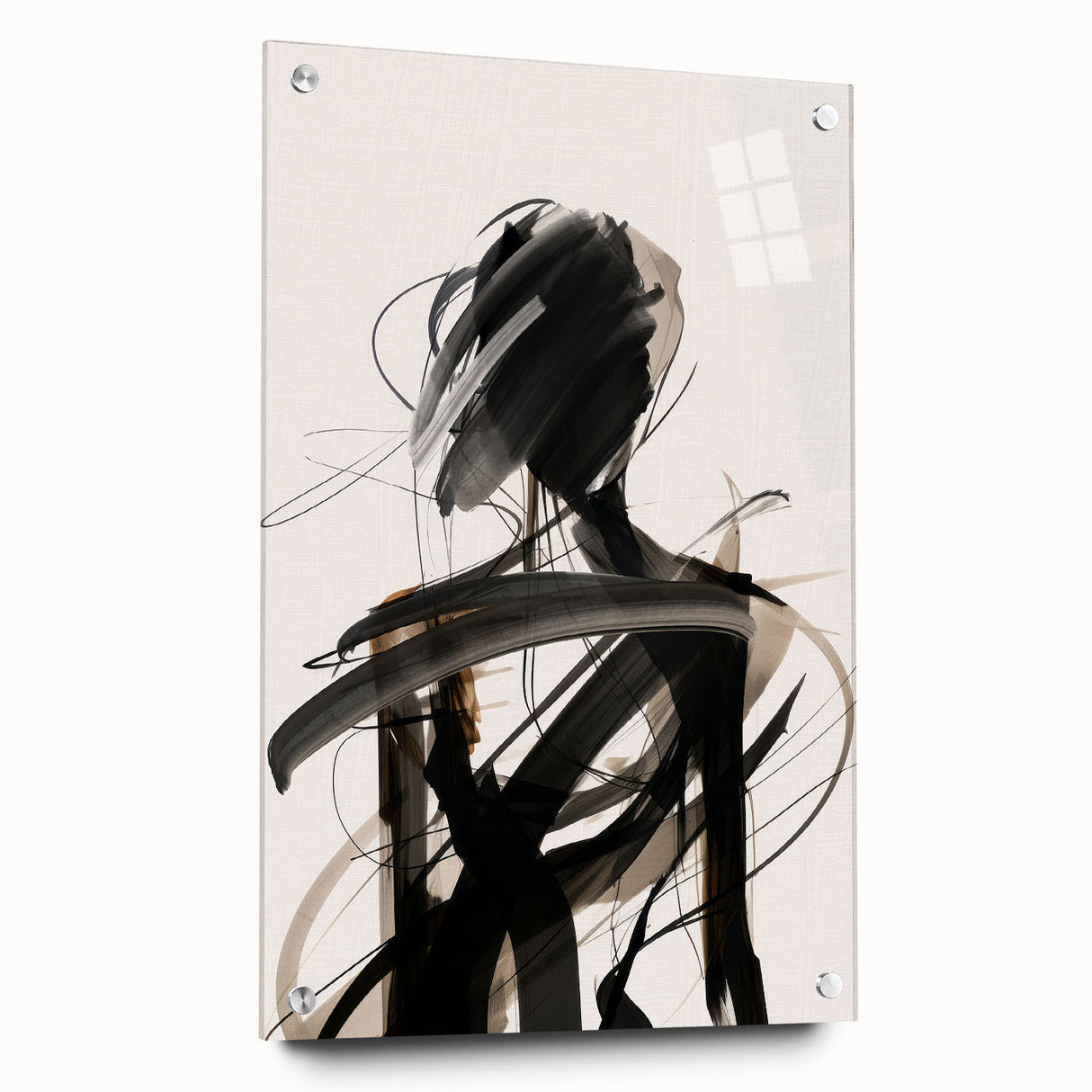 Side view of a modern abstract wall art collection, showcasing vibrant geometric designs on acrylic glass with visible pins, ideal for contemporary decor.