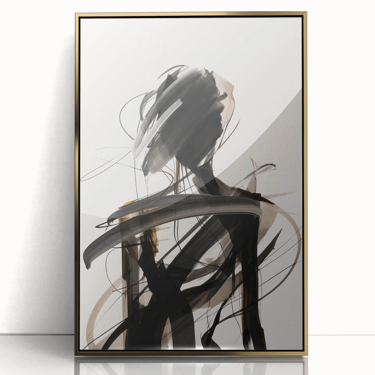 Framed abstract modern wall art featuring a gold design with acrylic finish, showcasing sleek lines and vibrant colors against a minimalist backdrop.