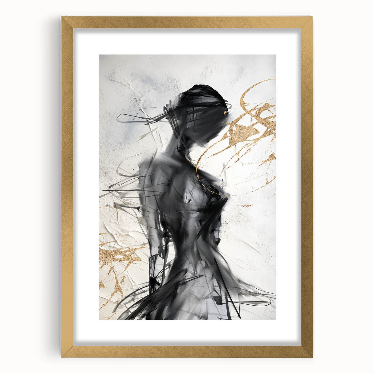 Abstract modern wall art collection featuring a gold-framed design with a mat, showcasing vibrant colors and geometric patterns for contemporary decor.