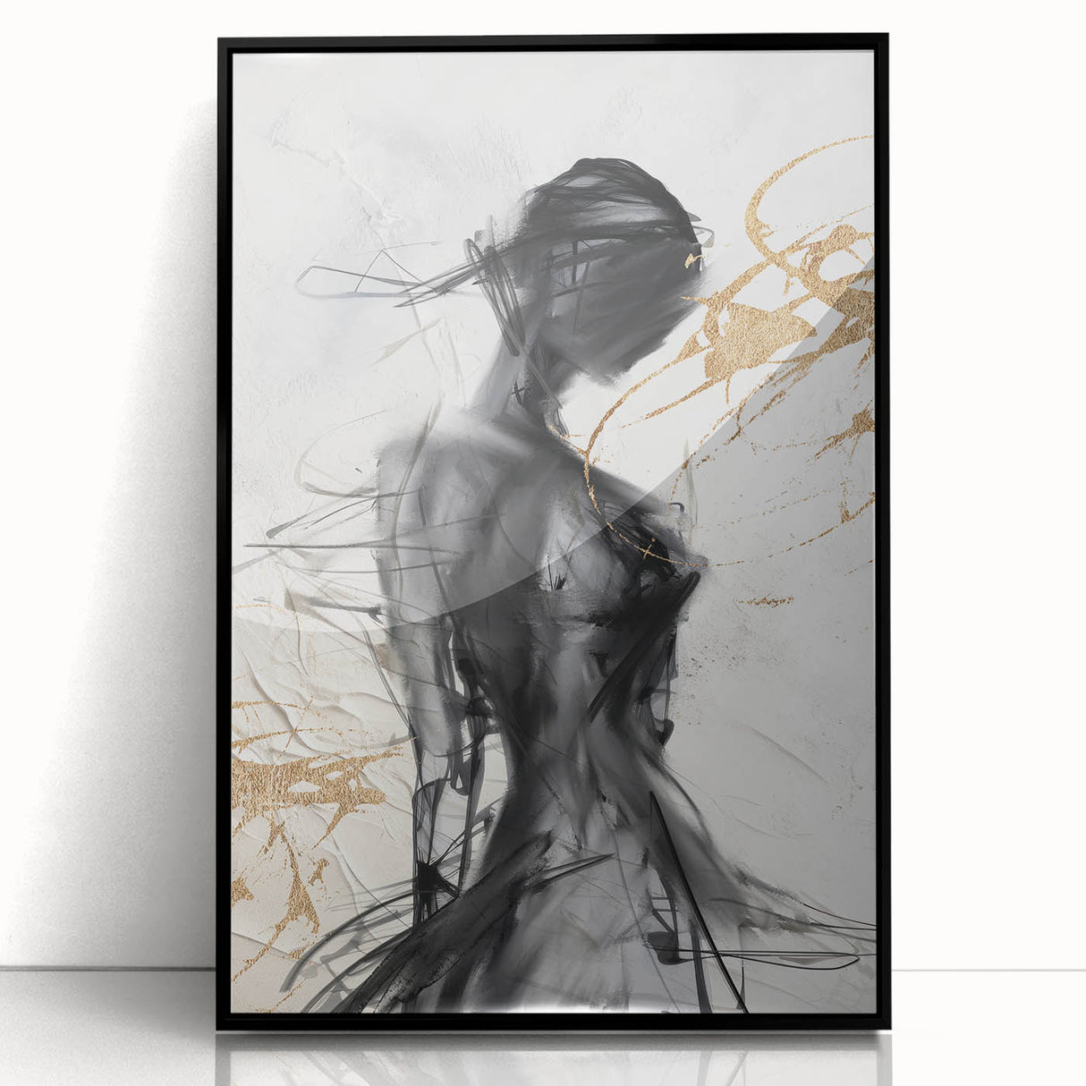 Framed abstract modern wall art design showcasing vibrant colors and geometric patterns, presented in a sleek black frame for contemporary decor.