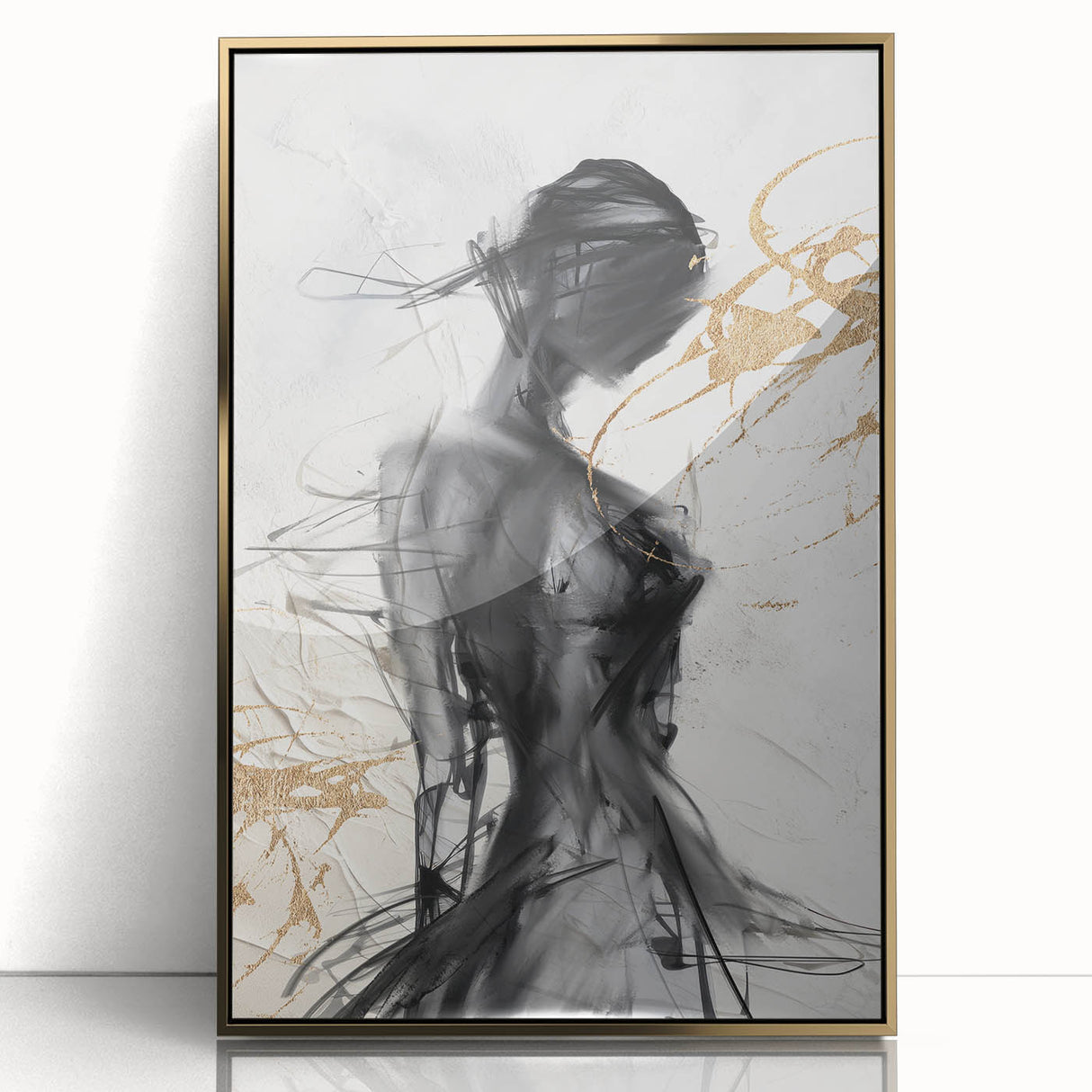 Framed abstract modern wall art collection showcasing a gold-accented design with vibrant colors and sleek acrylic finish, ideal for contemporary decor.