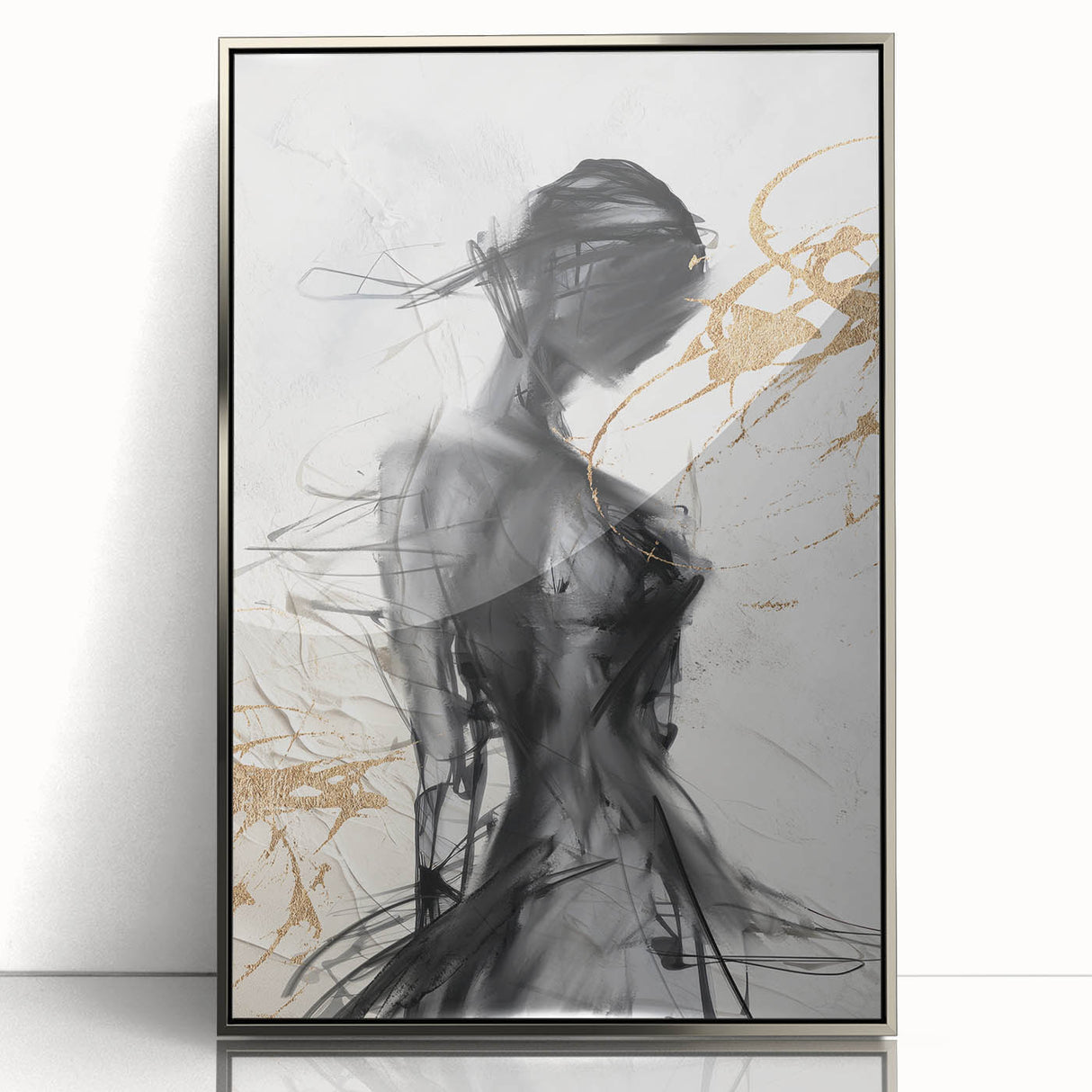 Framed abstract modern wall art design showcasing silver and white hues, featuring a sleek acrylic finish that enhances contemporary decor.