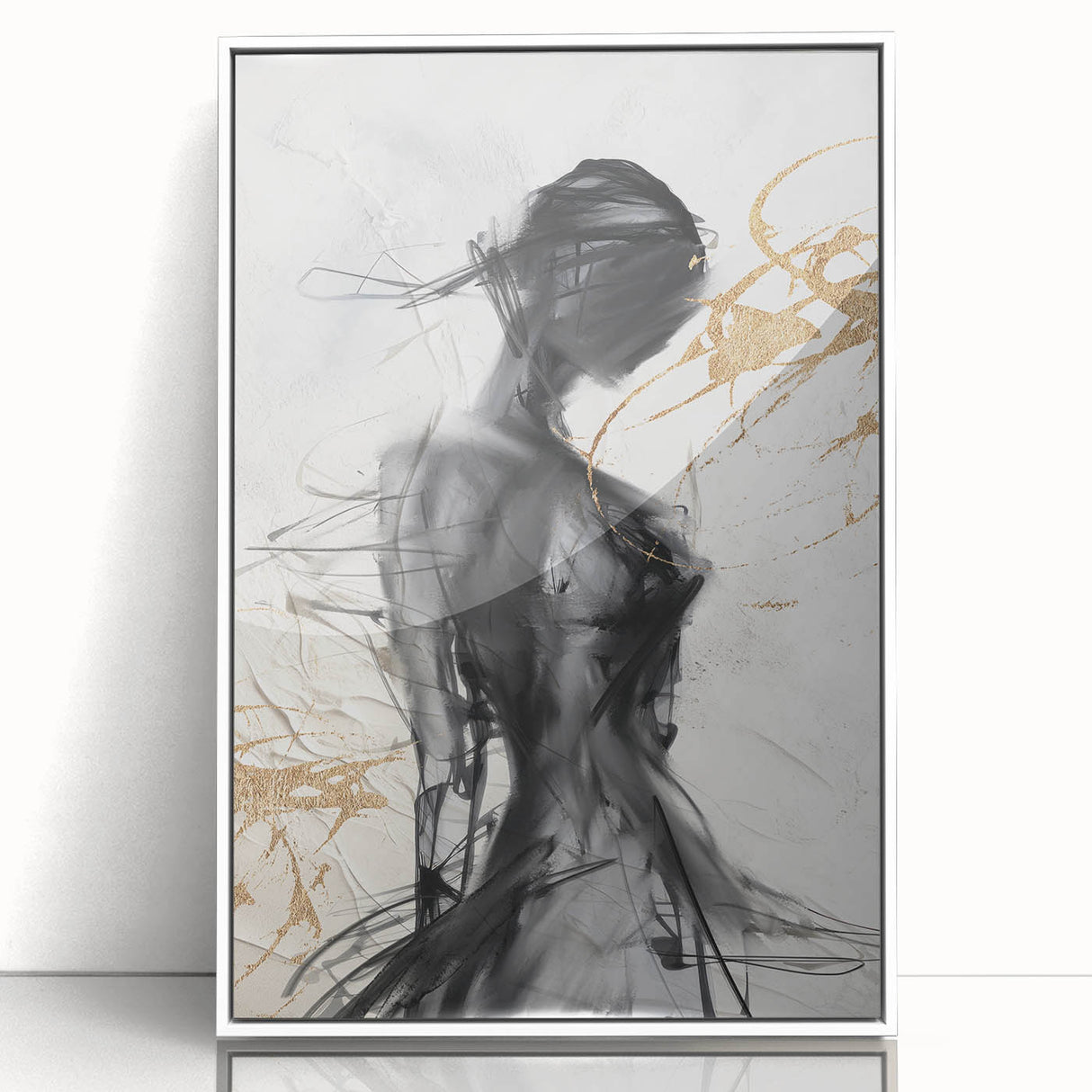 Framed abstract modern wall art collection featuring vibrant geometric patterns in shades of blue, orange, and yellow, set against a white background.