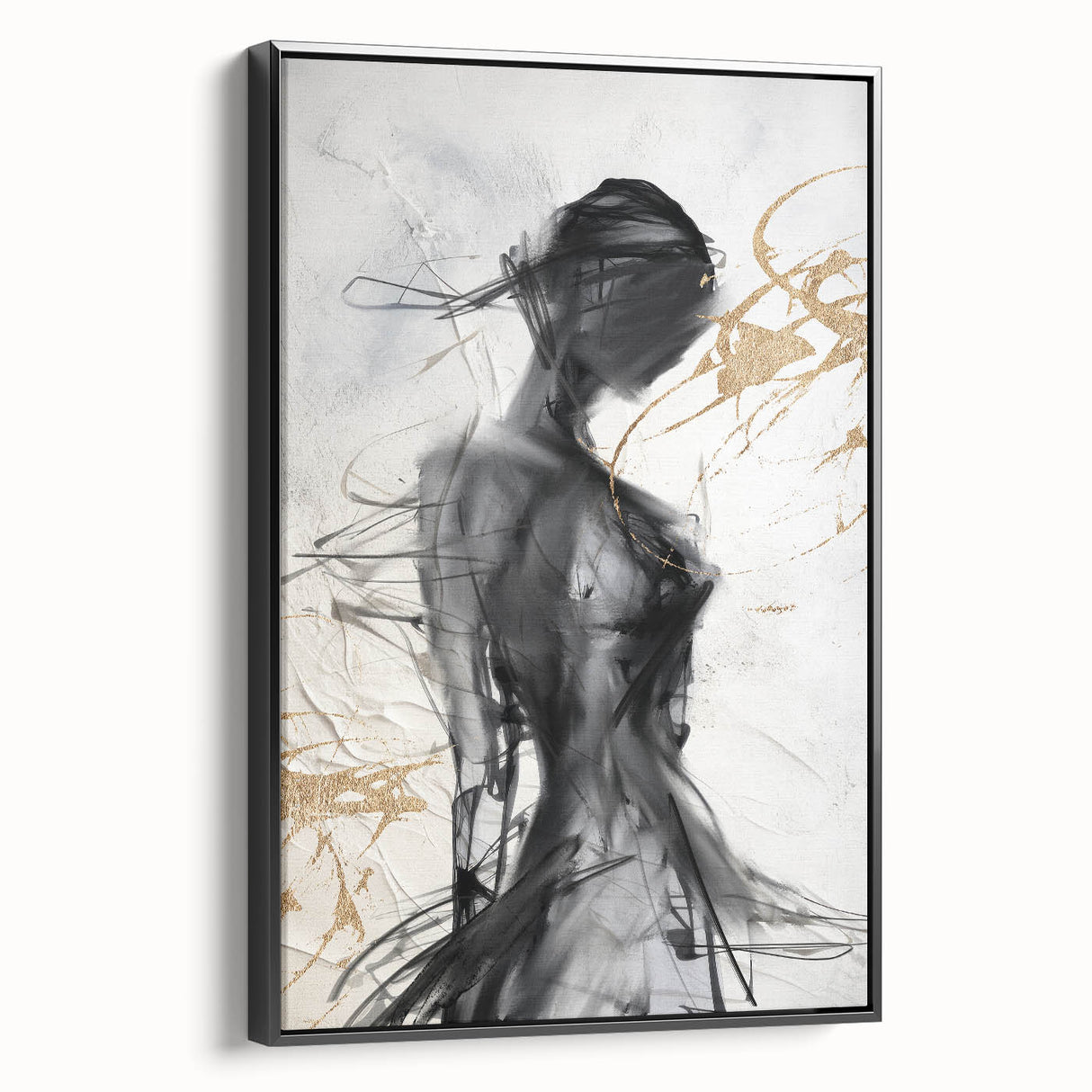 Framed abstract modern wall art design showcasing a vibrant color palette with geometric shapes and a sleek black frame, ideal for contemporary decor.