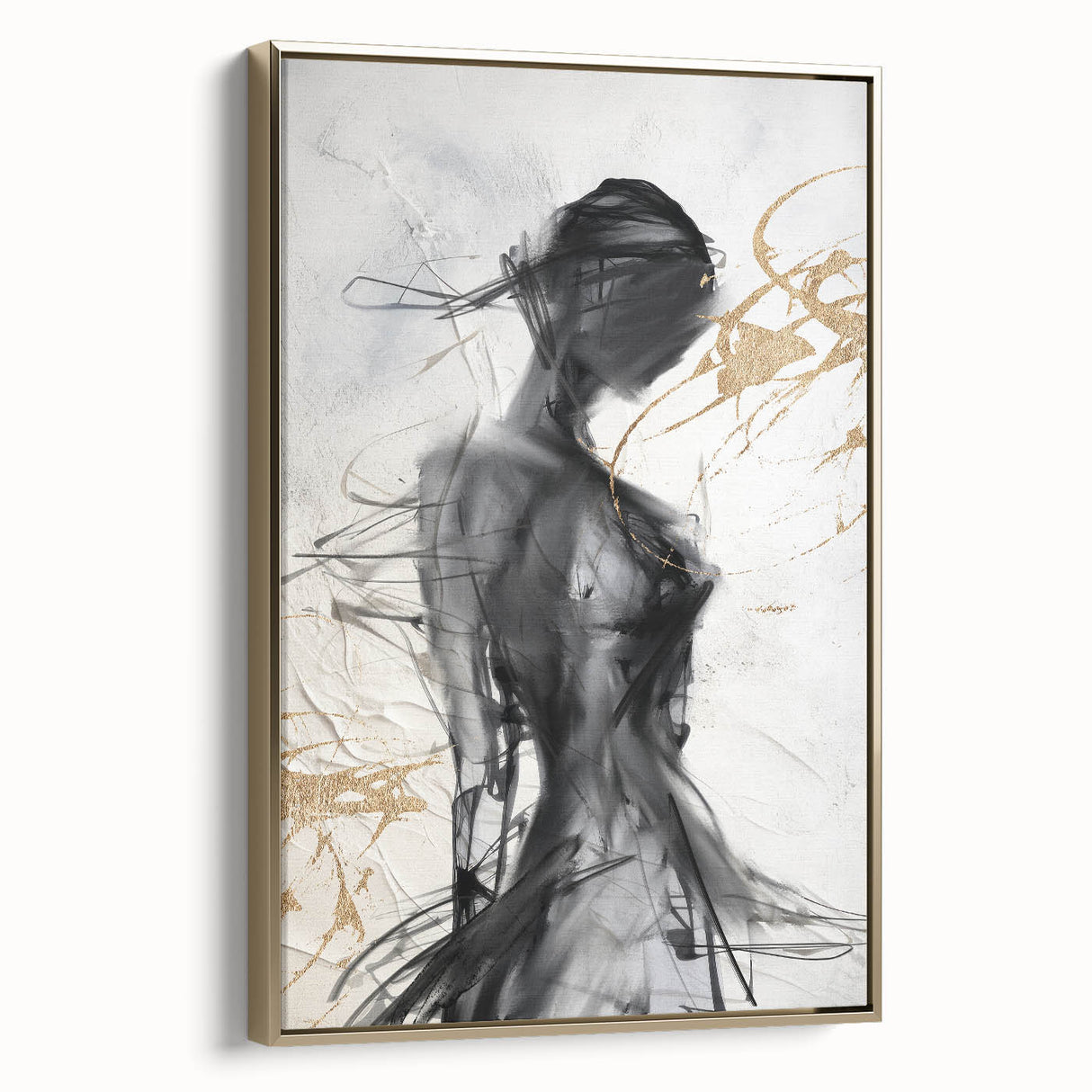 Framed abstract wall art showcasing modern geometric patterns in gold and black, adding a touch of elegance to contemporary decor.