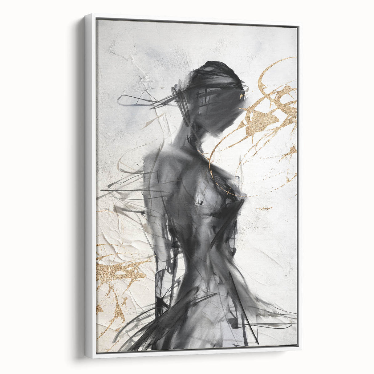 Framed abstract modern wall art collection showcasing vibrant colors and geometric shapes, elegantly displayed with a white frame from a side view.