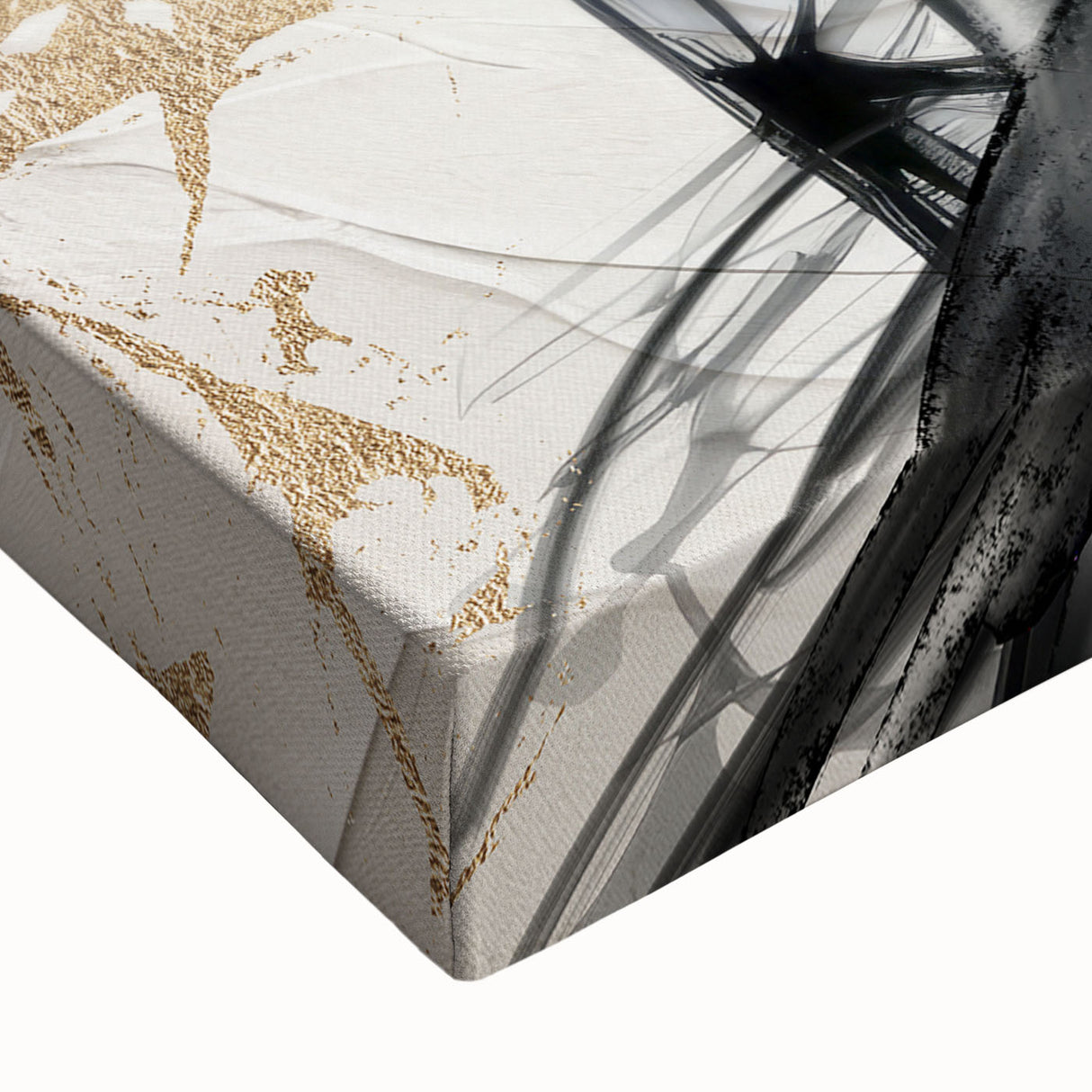 Close-up of an abstract modern wall art design on stretched canvas, showcasing vibrant colors and intricate patterns, perfect for home decor.