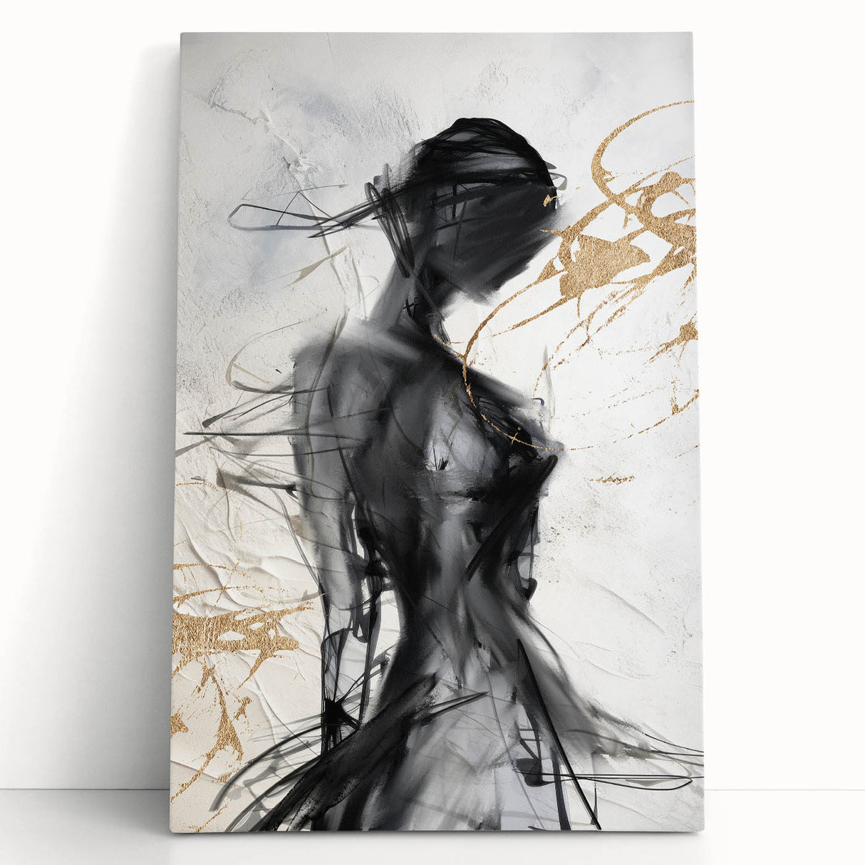 Abstract modern wall art collection featuring vibrant colors and geometric shapes on stretched canvas, leaning against a minimalist wall for contemporary decor.