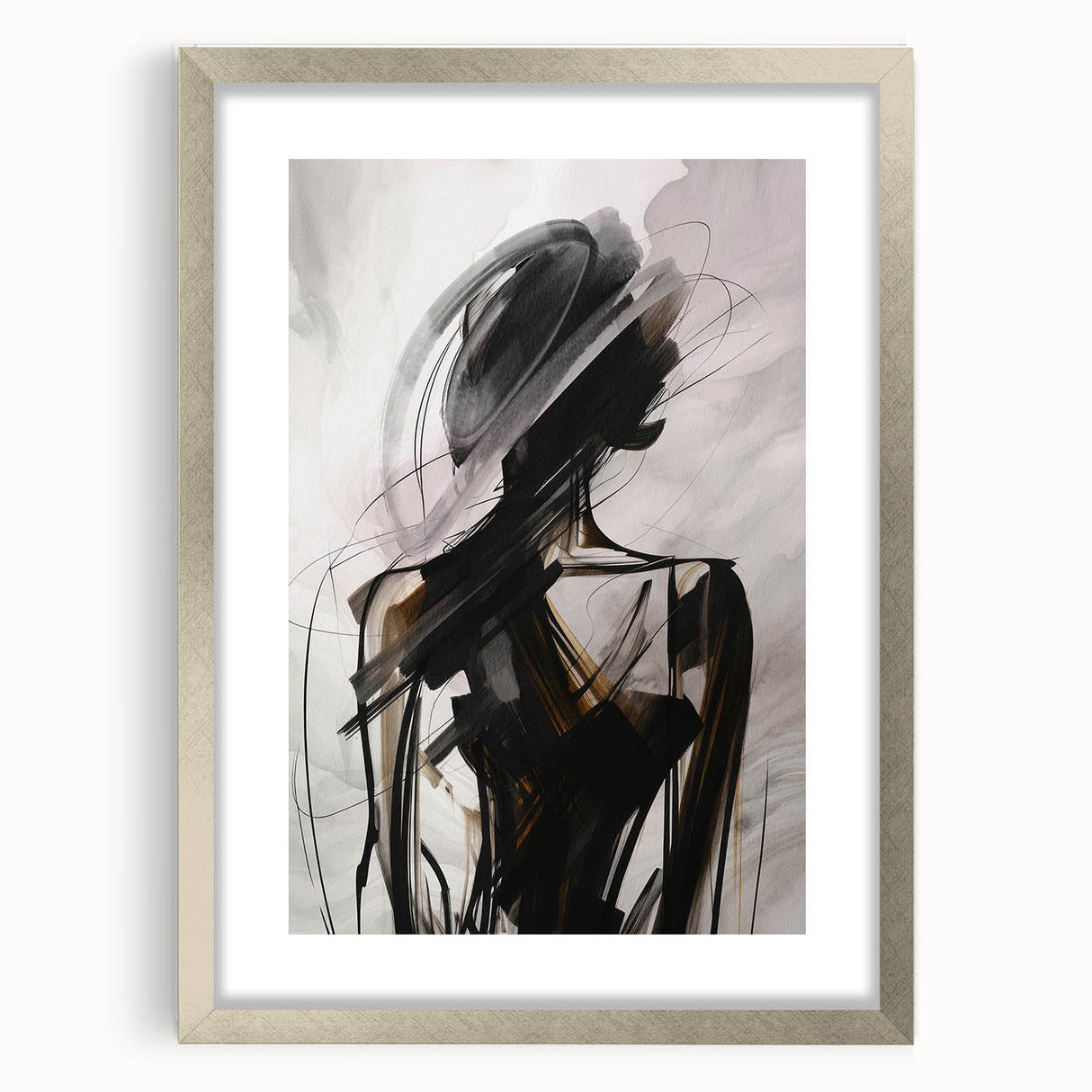 Framed abstract modern wall art featuring a sleek silver mat and elegant design, perfect for contemporary home decor.
