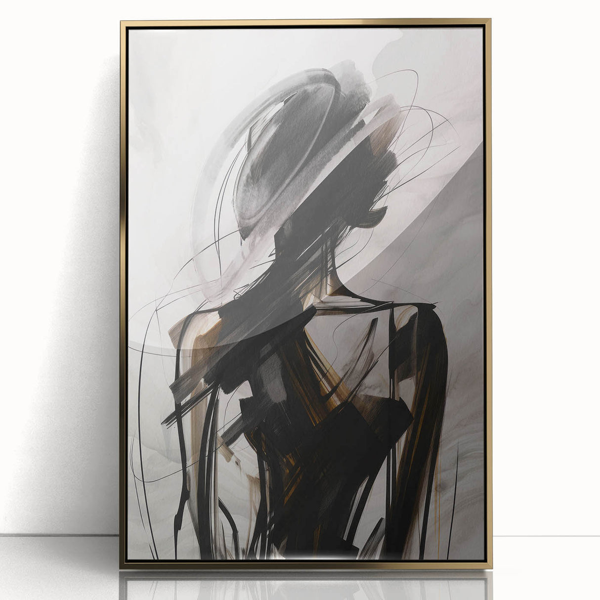 Framed abstract modern wall art featuring a gold-acrylic design with geometric shapes, adding elegance to contemporary interiors.